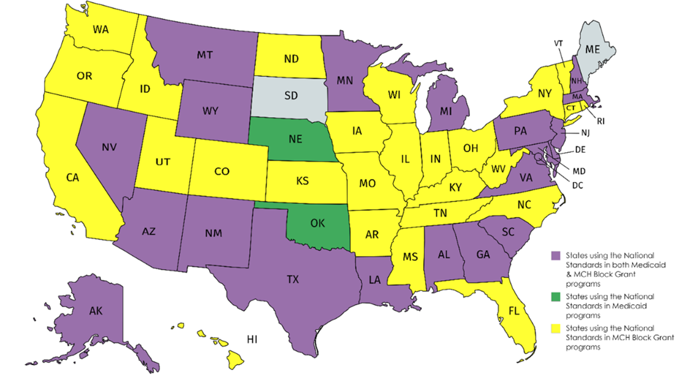 Map of the United States showing whether a sate uses the National Standards in Medicaid programs, MCH Block Grant programs, or both. 